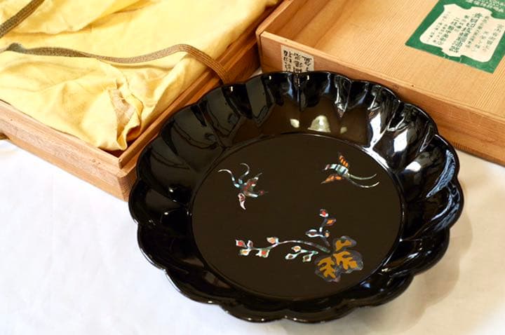 螺鈿 漆器 桐鳳凰紋 菓子盆 共箱 二枝鼈甲美術店 盛皿 平皿 飾り皿 骨董