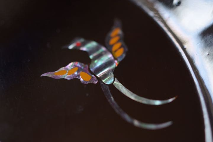 螺鈿 漆器 桐鳳凰紋 菓子盆 共箱 二枝鼈甲美術店 盛皿 平皿 飾り皿 骨董