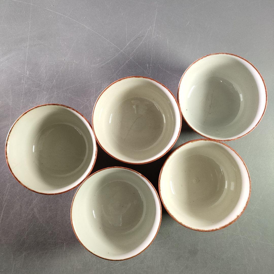 A892-3/九谷焼/赤絵花鳥七福神文窓絵丼蓋茶碗/5客/