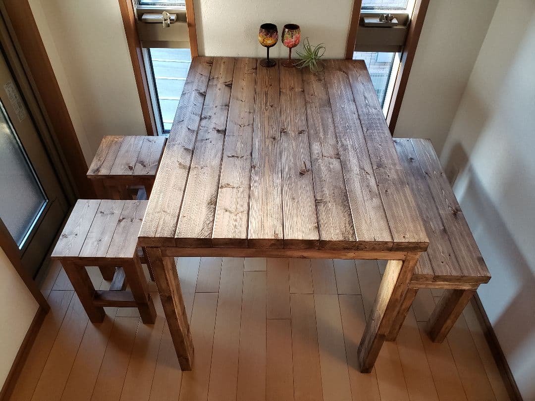 アンティーク　ダイニングテーブル+ベンチ　ウォールナット仕上げ