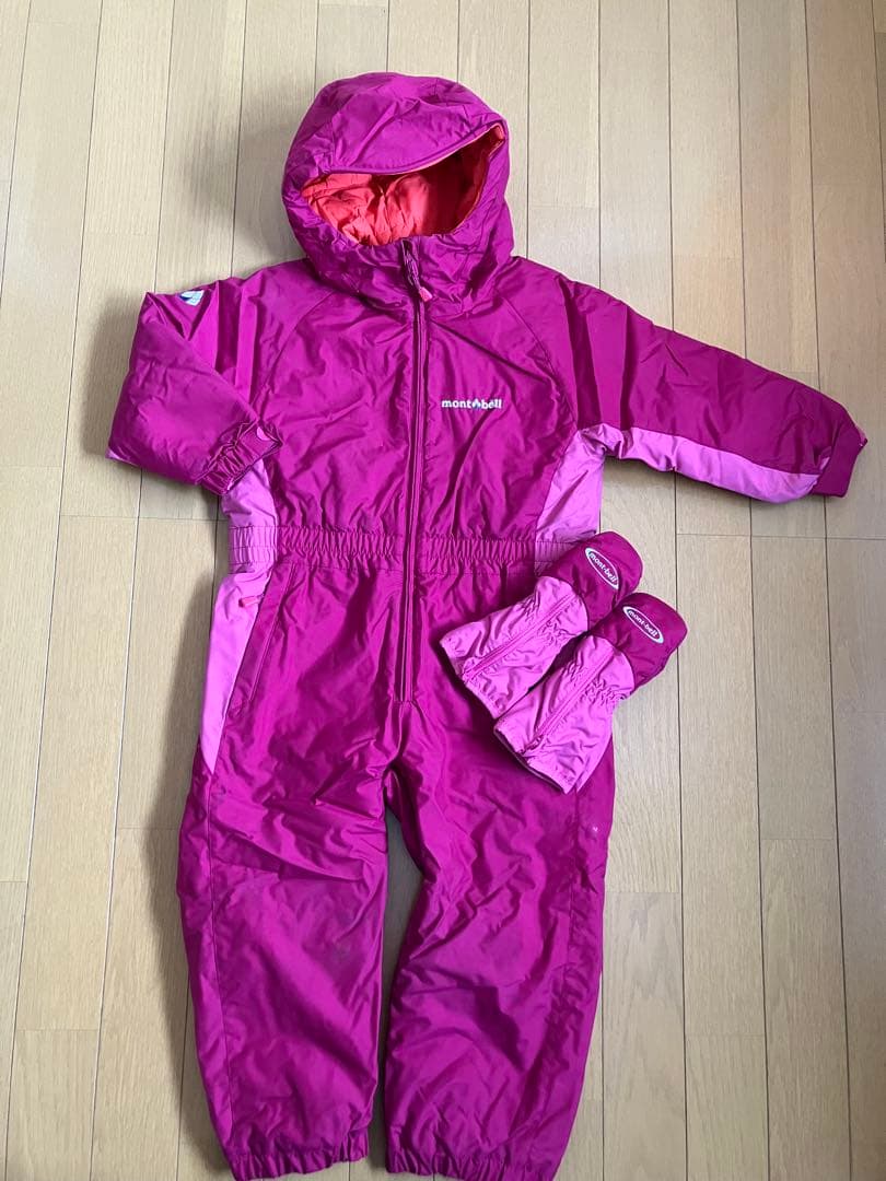 【モンベル】キッズ用スキーウェア ピンク 100サイズ 手袋付き