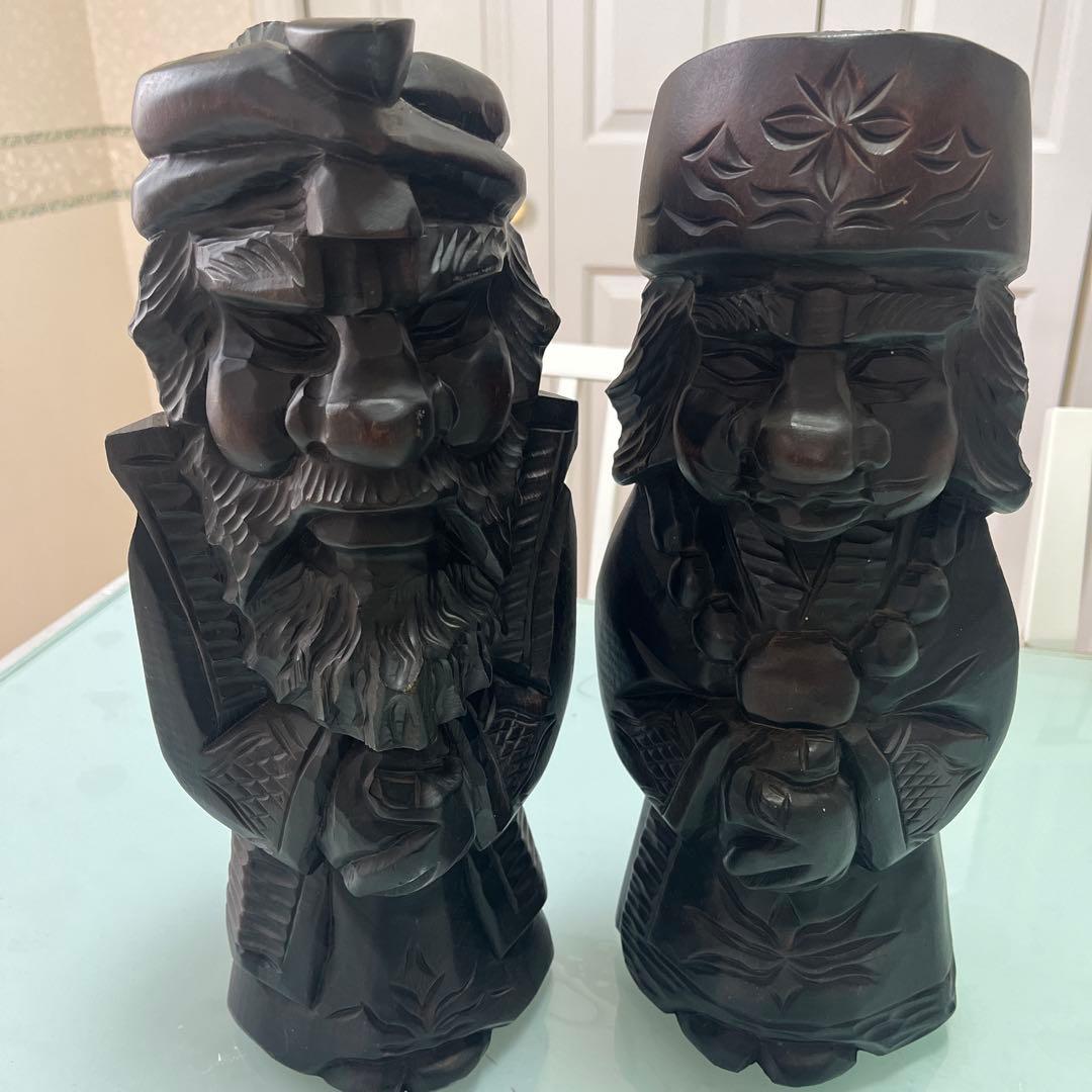 明工鳳雲作高級彫刻木彫刻夫婦2体セット