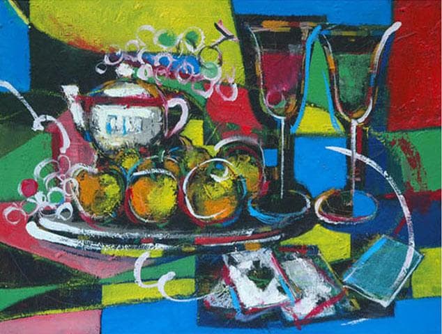 油絵 菅家令子 絵 絵画インテリア 額付(青緑＋金色の枠) uF6-120309