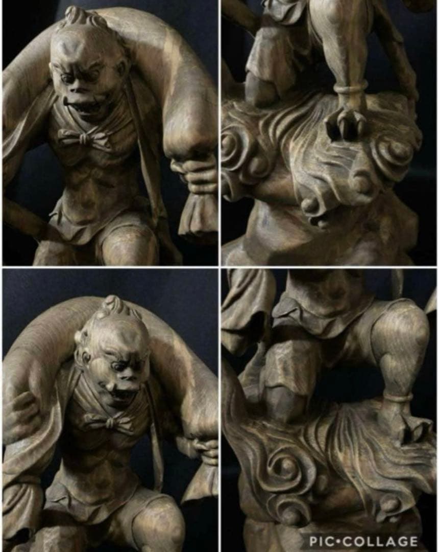 総楠材　高27cm 最大32cm 木彫仏教　仏師で仕上げ品　風神雷神図一式