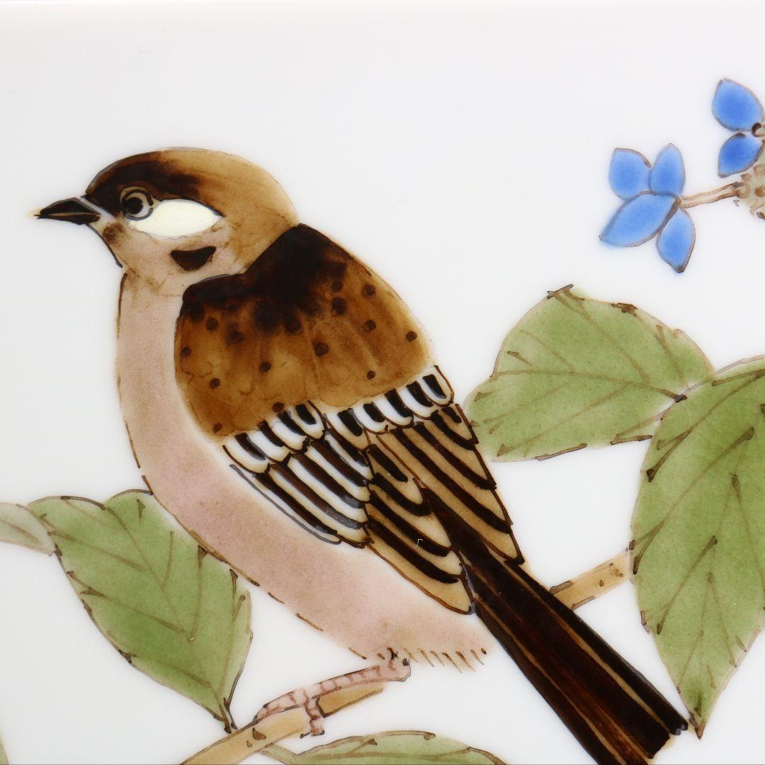 山田義明作 陶額 紫陽花に雀 陶板画 九谷焼 共箱　OZ235　1F6B