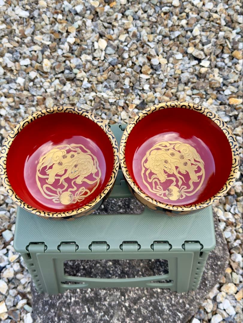 美品　漆塗り　会津塗り　茶碗　龍2客セット