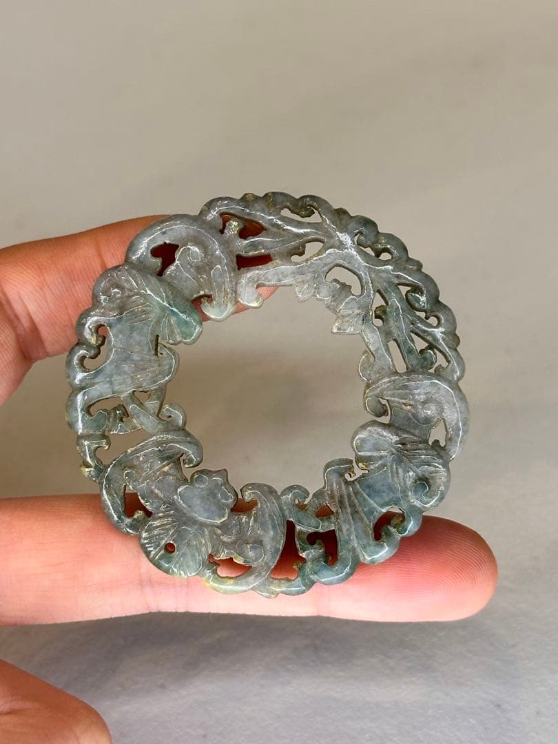 中国 清代 翡翠 镂空彫 圆環 蝙蝠文 有孔 吊りペンダント 古美術品