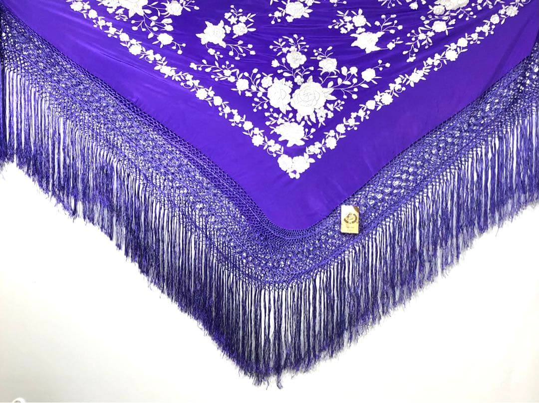 スペイン直輸入★1点物ボルダドスフォロンダ★シルクマントン140cm紫アイボリー