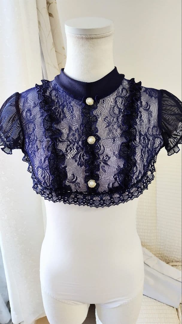 Ｓ～Ｍ／紺色フリルとレースで贅沢エレガントに。ロココ調宮廷ドレス風娘役レオタード