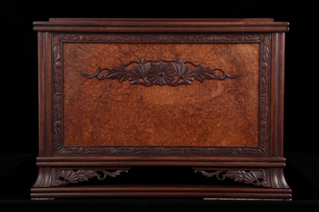 唐木細工師【阿達祥山】 玉葡萄紫檀草飾四方形 火鉢 幅43.5cm 瓶掛 囲炉裏