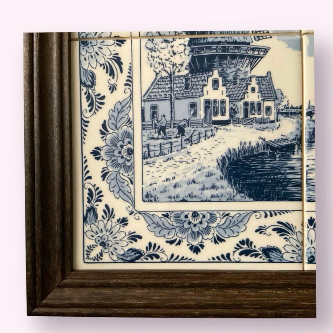 オランダ　タイル　風景画　風車　壁掛け　ハンドペイント　デルフトブルー