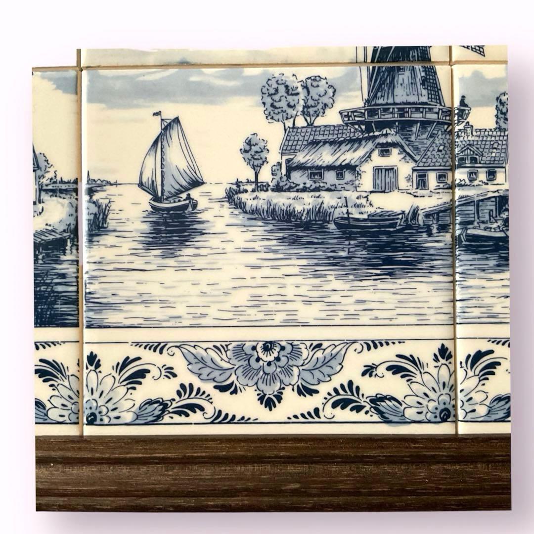 オランダ　タイル　風景画　風車　壁掛け　ハンドペイント　デルフトブルー