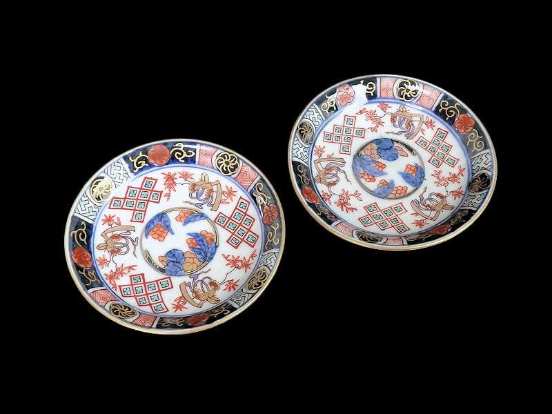 古伊万里　金襴手　烏帽子に紅葉の図　豆皿　手塩皿　２枚　E201AS-CPw