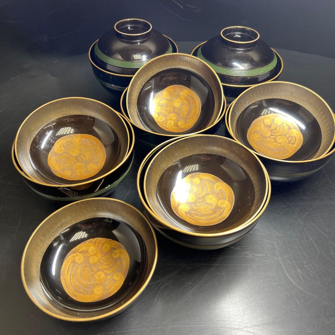 輪島塗　廣塚作　研ぎ出し蒔絵椀6客と蓋1点　身口径11.5㎝ 東Y8-0206①