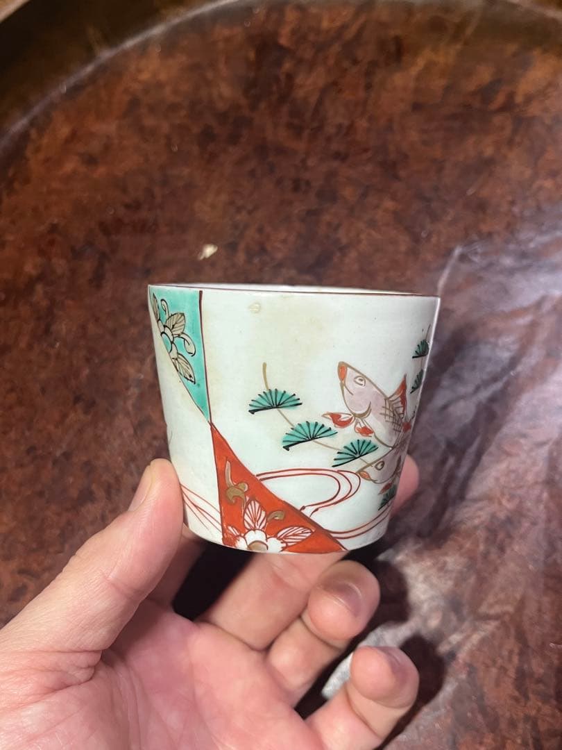 古伊万里　無傷完品　鮎　色絵　流水　そば猪口　蕎麦猪口　双魚