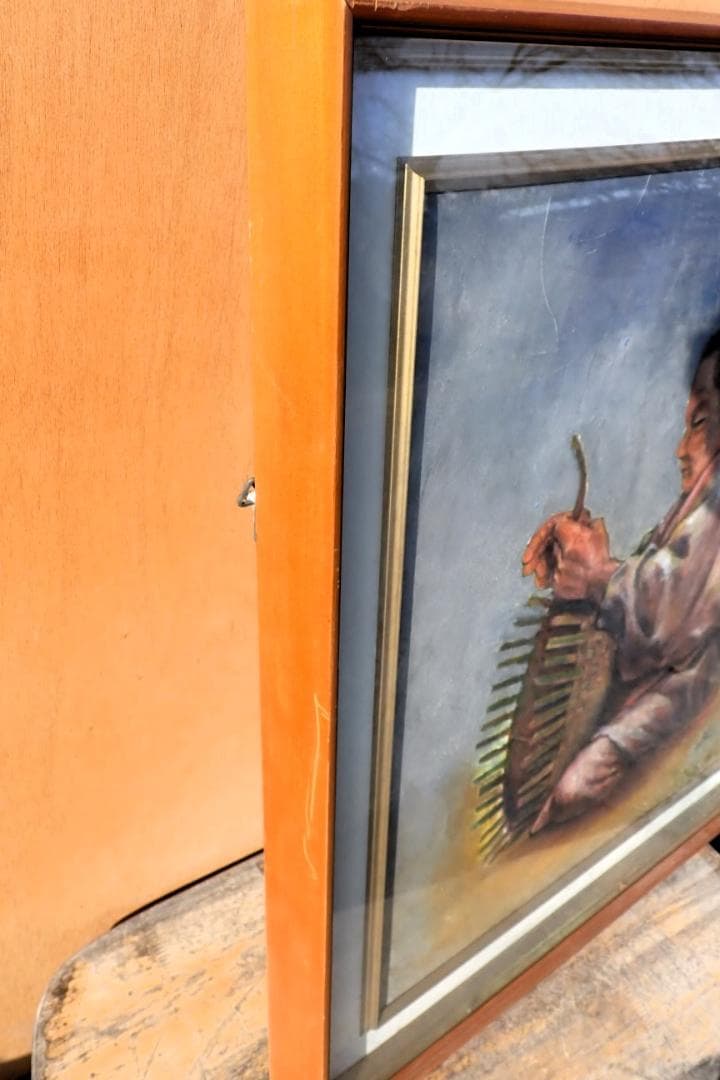 油絵 原画 人物画 署名あり（Sakai？）女性 竹細工 籠編み 額装