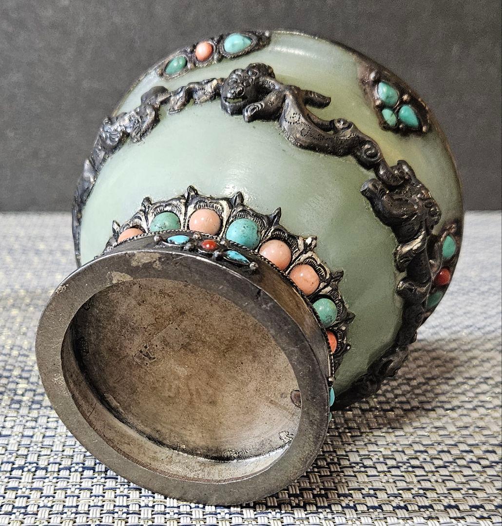 時代古作品❗中国古美術　大陸古美術　チベット古美術　銀彩龍飾り玉飾　酒杯　香炉