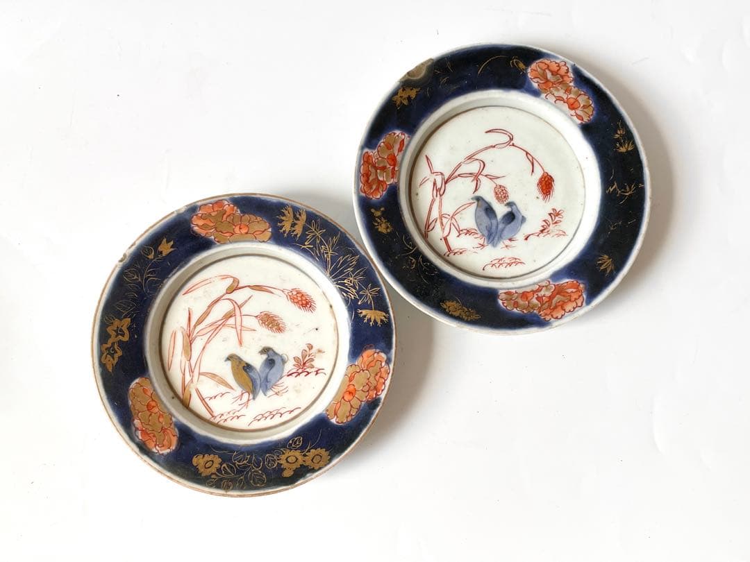 アンティーク　骨董　古伊万里　輸出手　金襴手　粟鶉図　小皿2枚