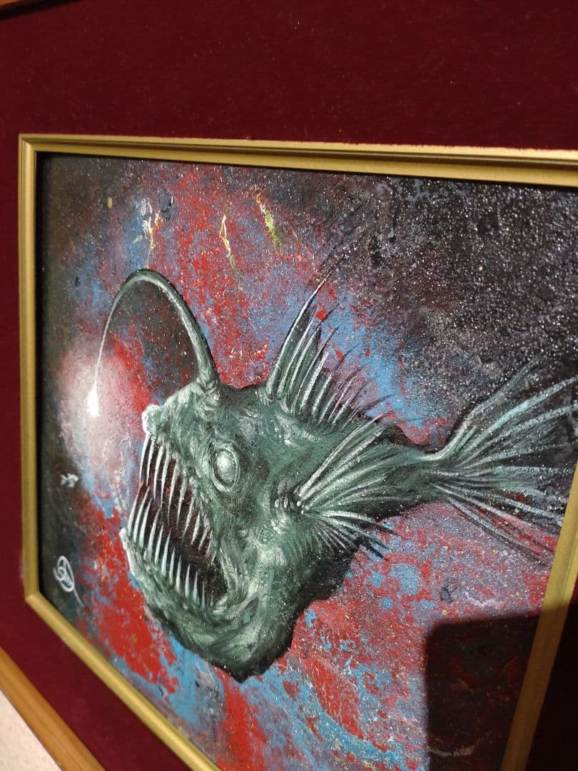 チョウチンアンコウの油絵【光の誘い】1 点物の原画アート/サイン入り◆額縁付属