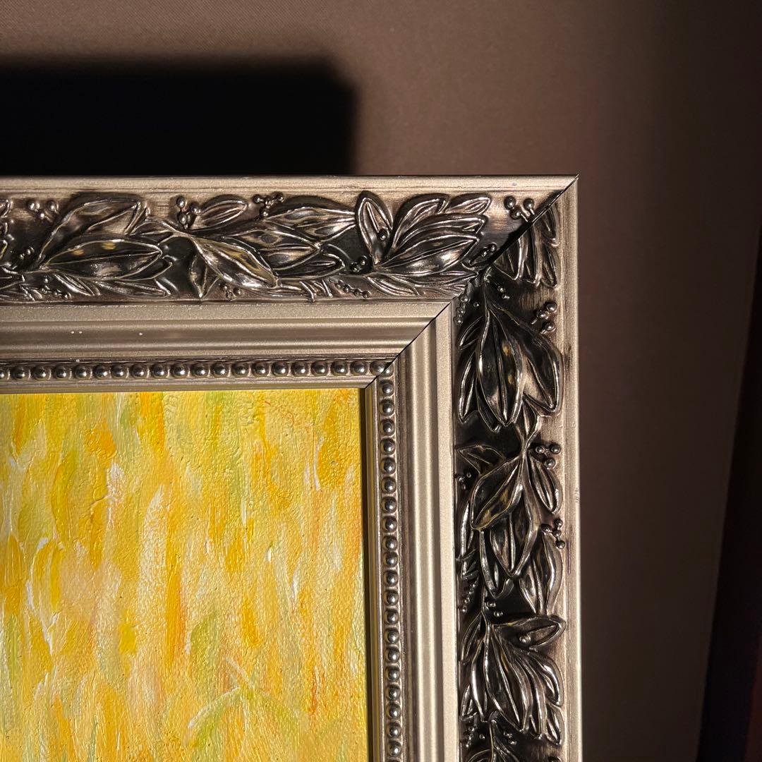 ★秀作★ 手書き油絵 クロード・モネ 睡蓮の池 黄金色 絵画 額付き 油彩画