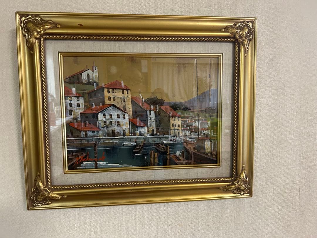 油絵　竹内敏彦　「スペインの港」　F4