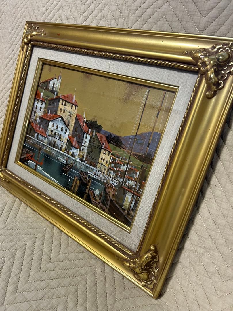 油絵　竹内敏彦　「スペインの港」　F4