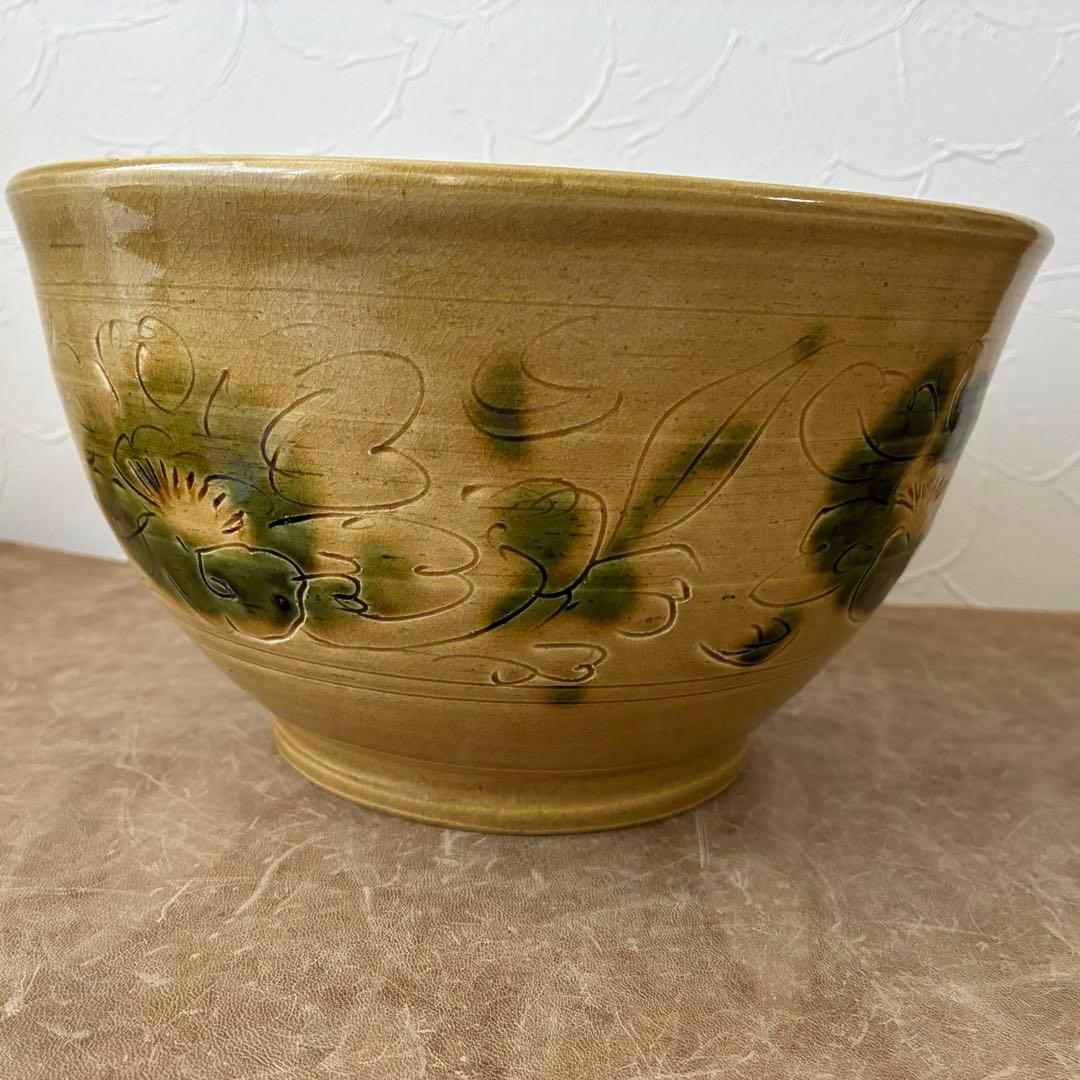 茶道具　黄瀬戸牡丹文　瓶掛　陶芸家　水野敬子作　陶器　五徳付　共箱入　未使用