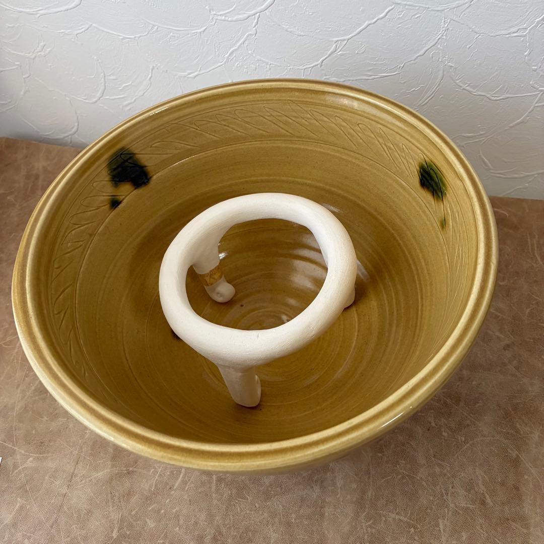 茶道具　黄瀬戸牡丹文　瓶掛　陶芸家　水野敬子作　陶器　五徳付　共箱入　未使用