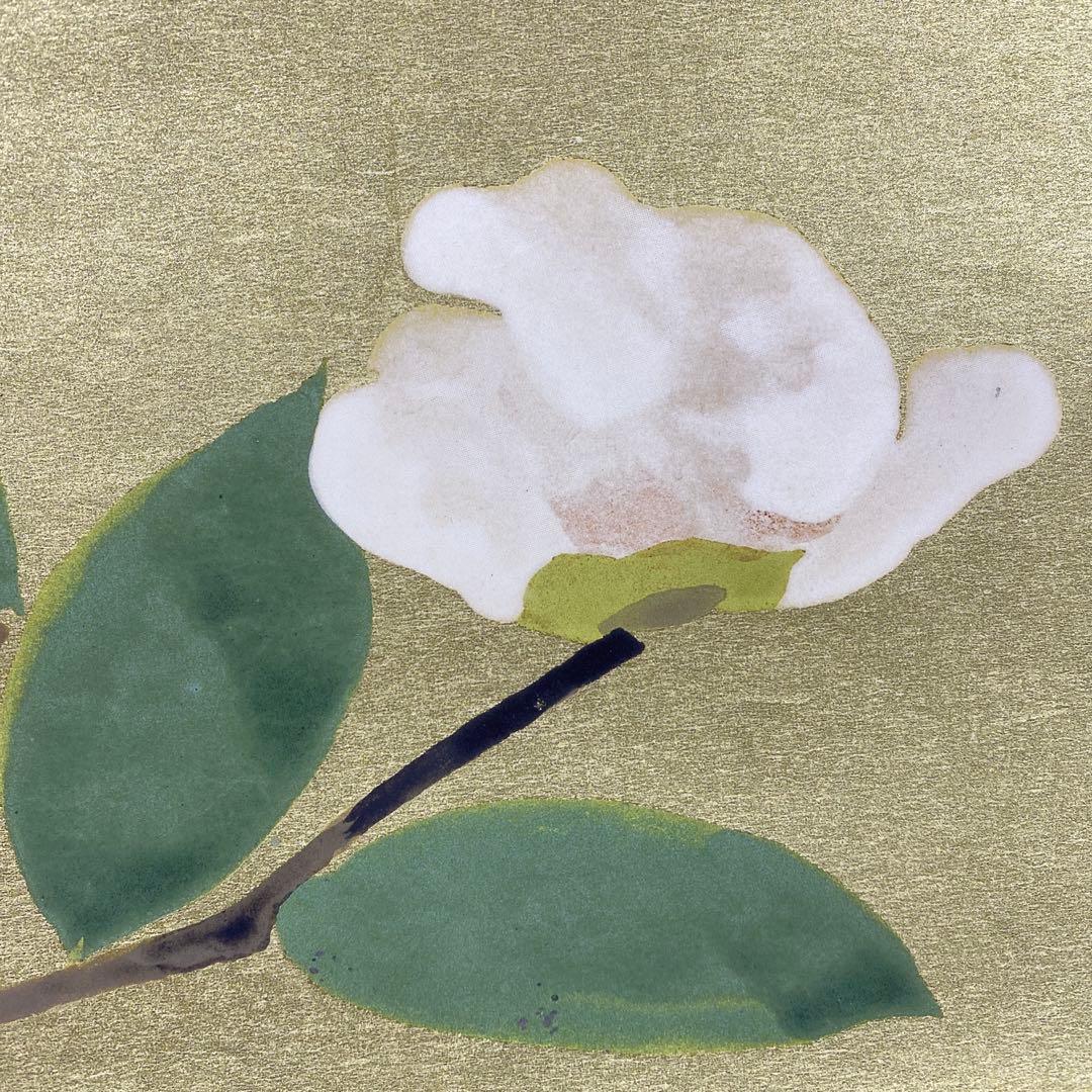 美品 掛け軸 奥村土牛筆 金地「椿」彩美版複製画 解説付き 縁起物 名画