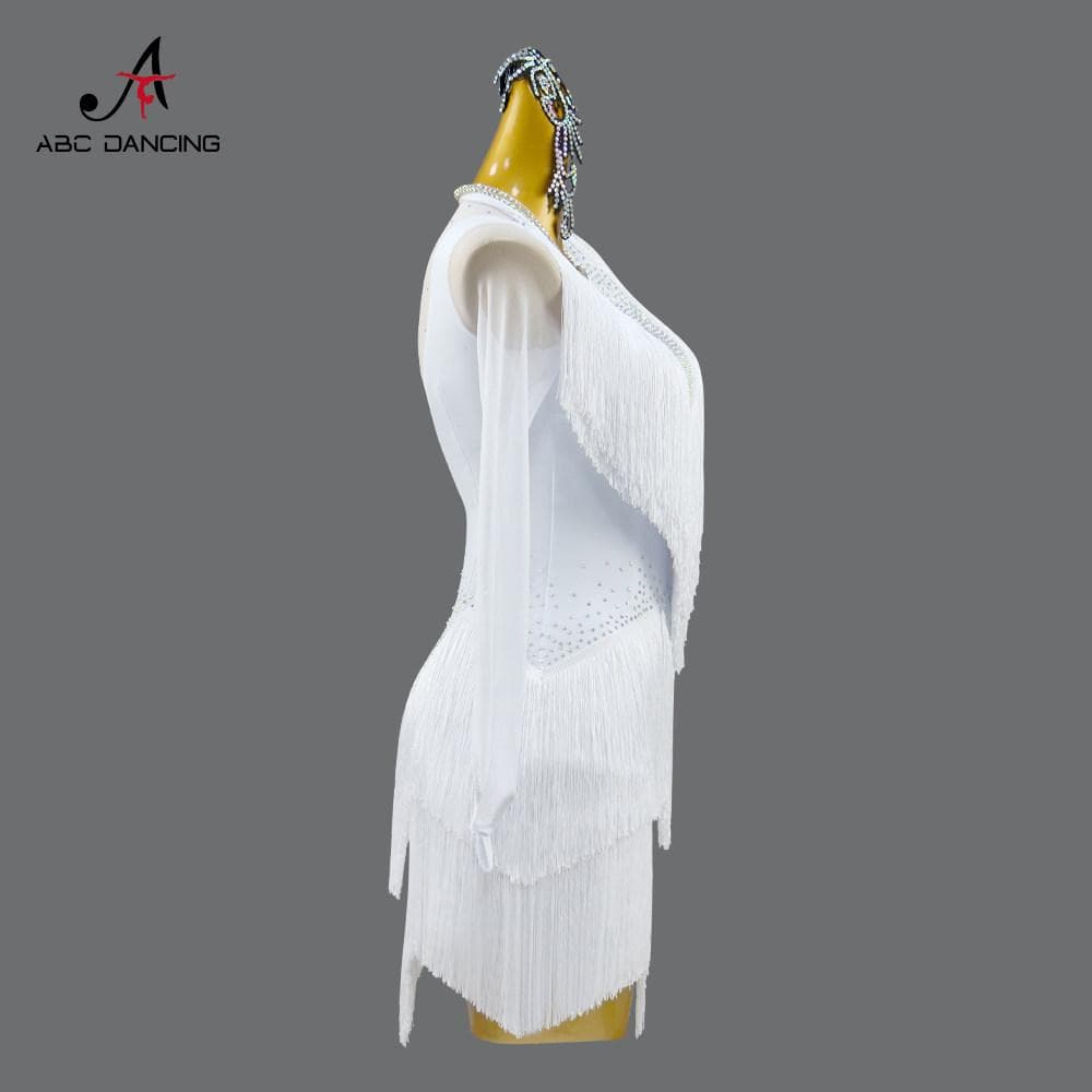 社交ダンス衣装ラテンドレスホワイトキラキラフリンジ競技会デモ