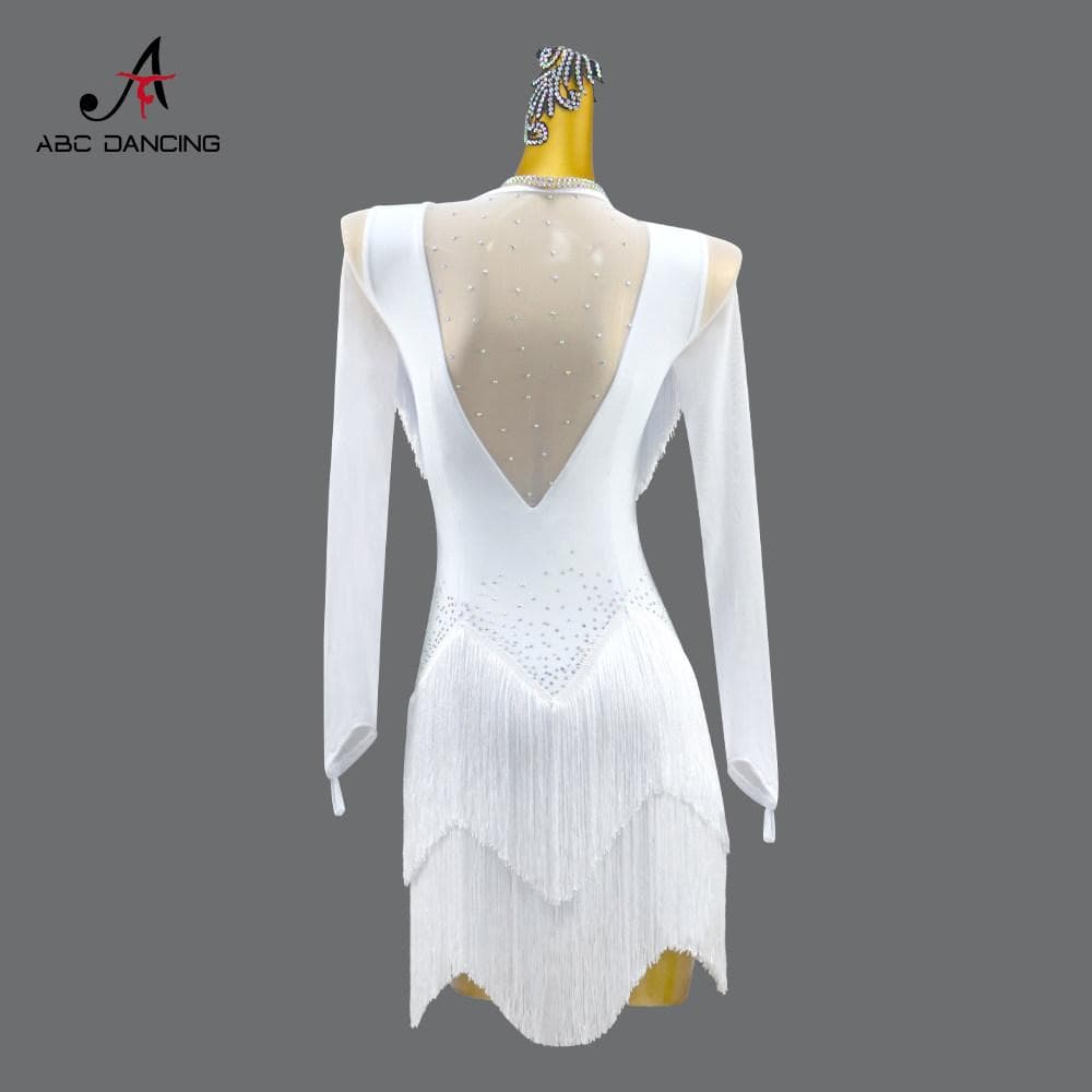 社交ダンス衣装ラテンドレスホワイトキラキラフリンジ競技会デモ