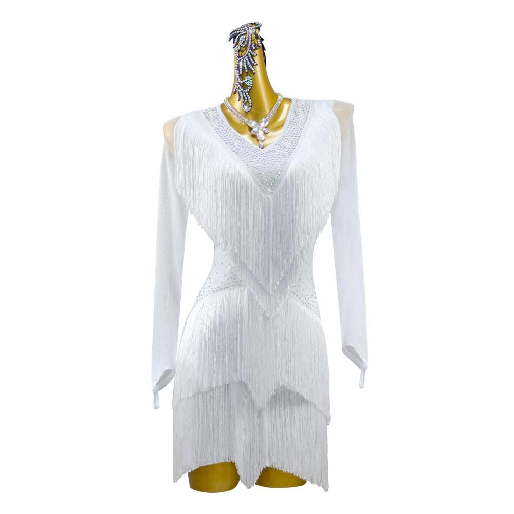 社交ダンス衣装ラテンドレスホワイトキラキラフリンジ競技会デモ