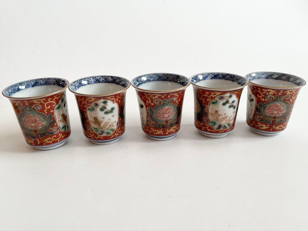 骨董　アンティーク　古伊万里　大聖寺伊万里　色絵　唐草鯉図　筒盃　猪口　五客