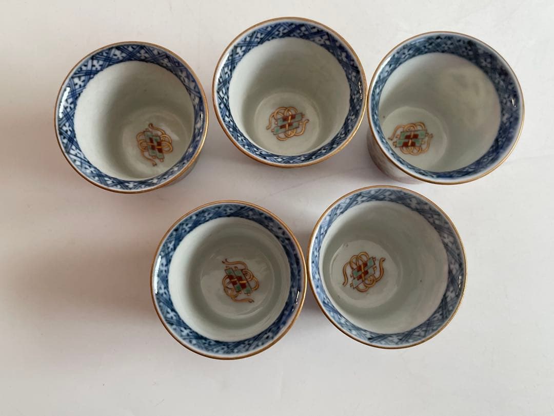 骨董　アンティーク　古伊万里　大聖寺伊万里　色絵　唐草鯉図　筒盃　猪口　五客