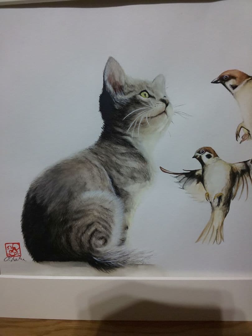 手書き 水彩画 絵画 猫とすずめ