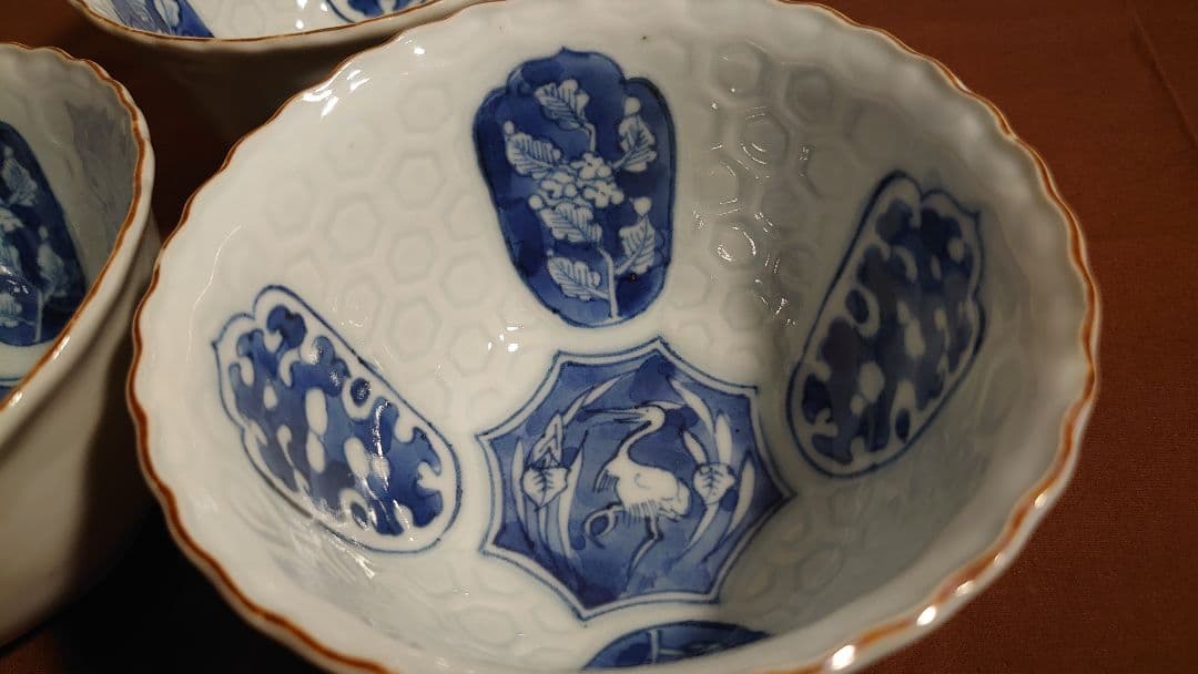 藍九谷　古九谷　染付　亀甲文　陽刻　江戸期　蔵出し　３客