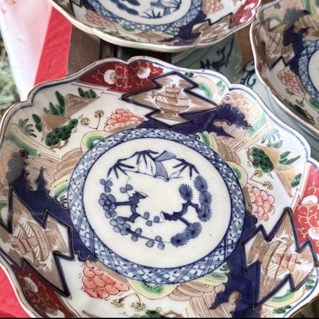 2226様感謝‼️最強運GOLD伊万里錦手　帆かけ舟❌山水❌米俵　在銘八寸皿2客