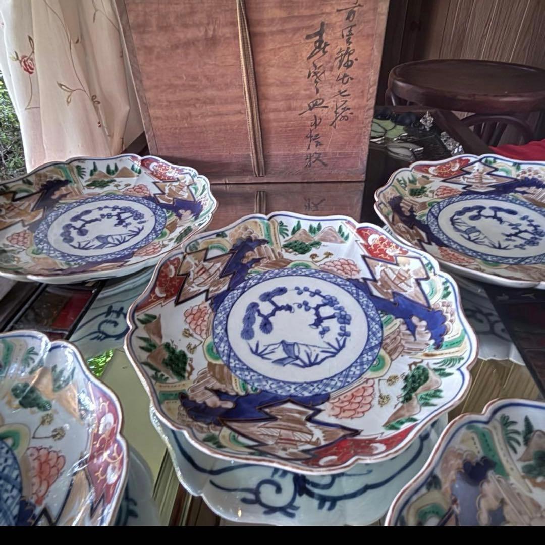 2226様感謝‼️最強運GOLD伊万里錦手　帆かけ舟❌山水❌米俵　在銘八寸皿2客