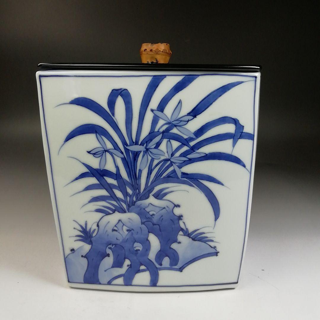 Ｗ１２０　水指　『染付　四君子文　四方』『平安　祥堂 造』　共箱　茶道具