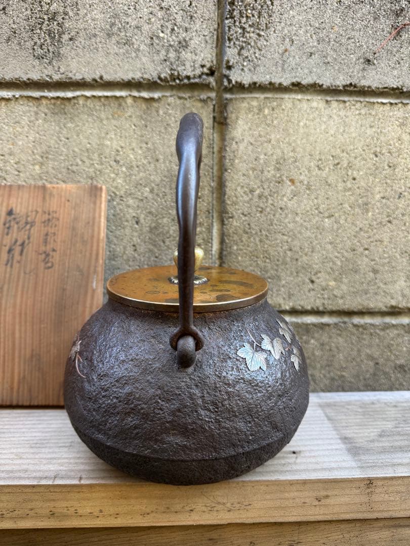 鉄瓶 白い植物模様 木箱付き