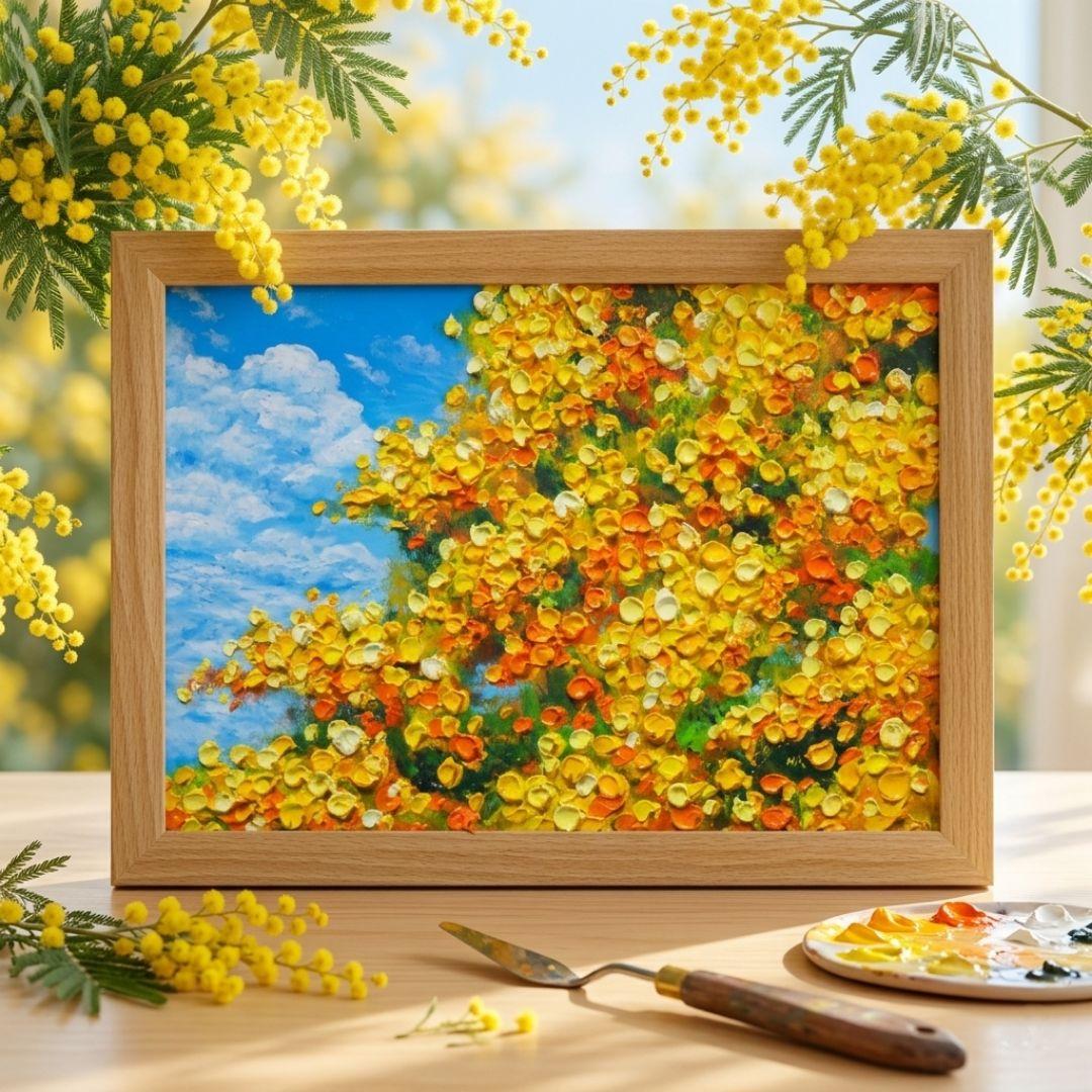 油絵 油彩 油彩画 絵 絵画　【青空のミモザ】