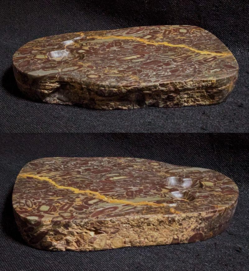 【豆斑玉石の天成楕硯板　瓢箪海】◆小豆色の豆斑や黄竜紋◆珍品◆唐木箱◆7.2吋