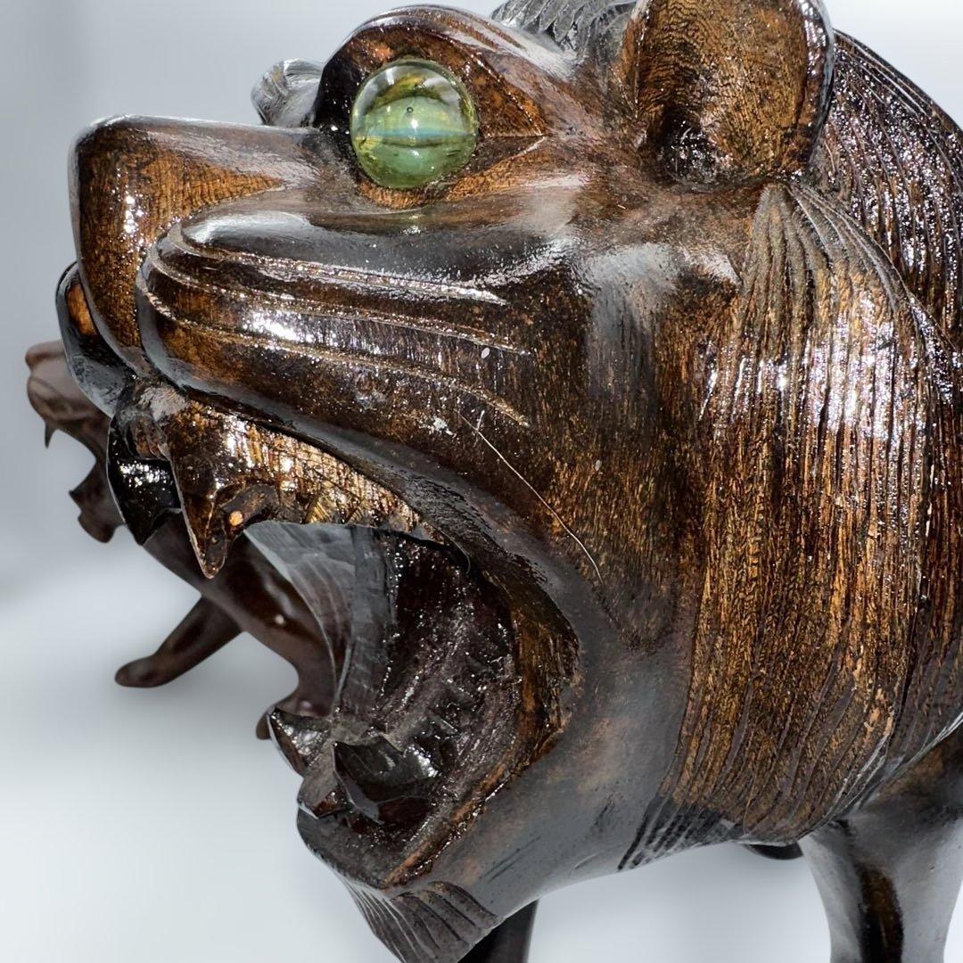 魔除け骨董品ライオンの木製彫刻 2体セット