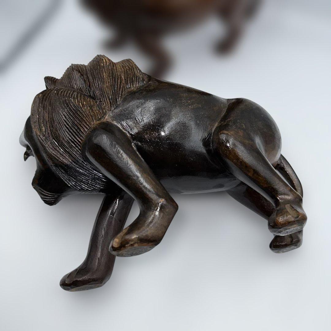 魔除け骨董品ライオンの木製彫刻 2体セット