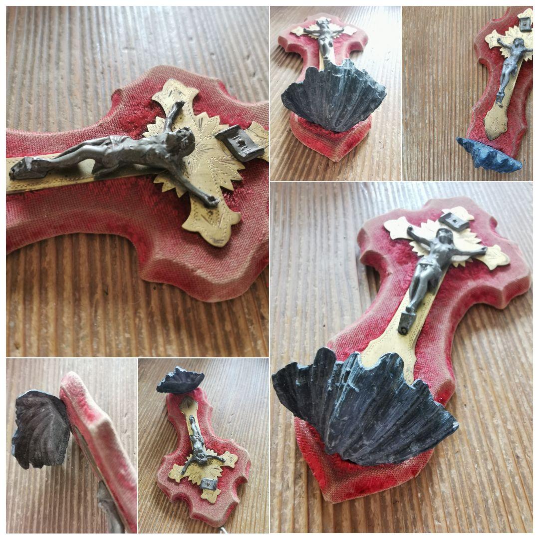 アンティークフランス 布帛と真鍮十字架 ブロンズ色のイエス シェル型聖水入れ