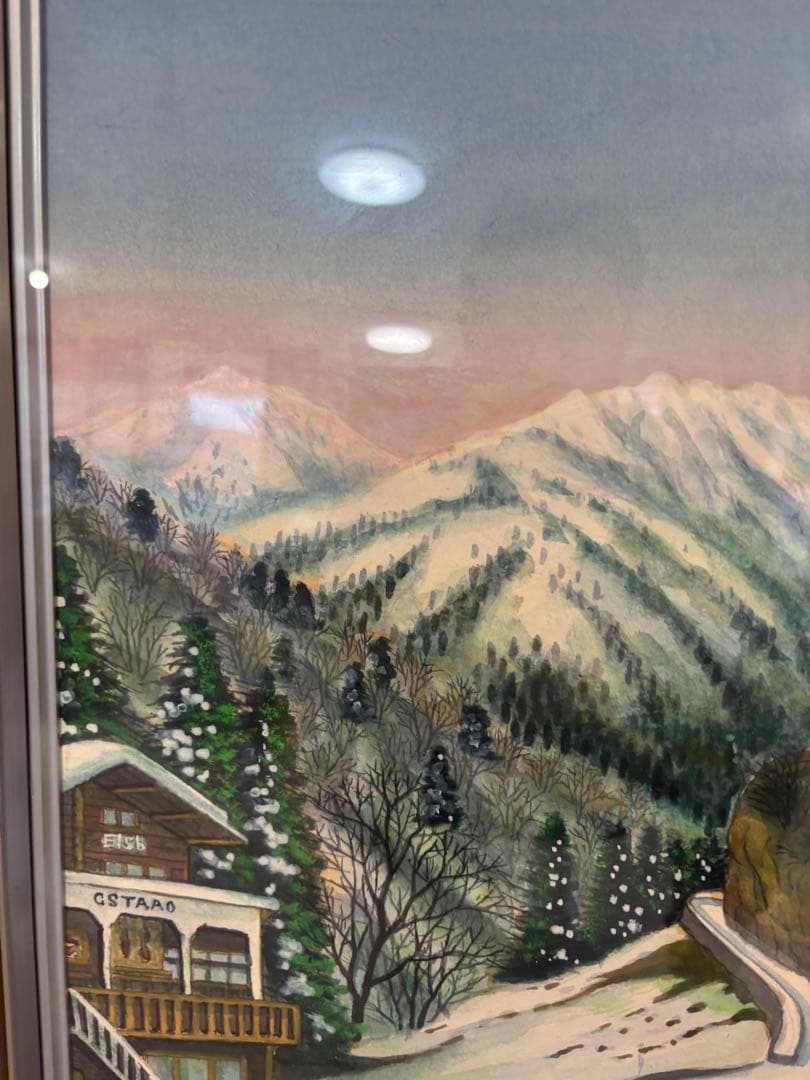 真田重吉画伯『春雪』雪山と城の油彩画 F10 日本画府常任理事　安中文化会会長