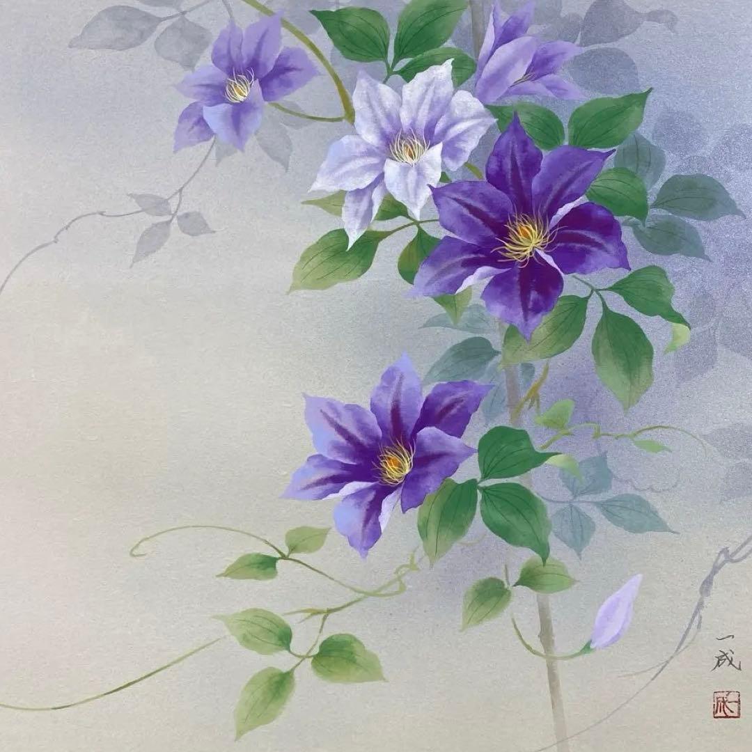 美品 掛け軸 遠田一成作 鉄線花図 共箱 太巻き付 二重箱