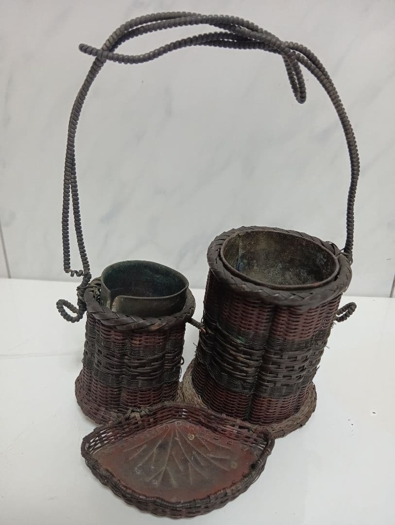 江戸時代武家旧家蔵出古銅製編込み細工茶道具置物アンティーク飾りコレクション