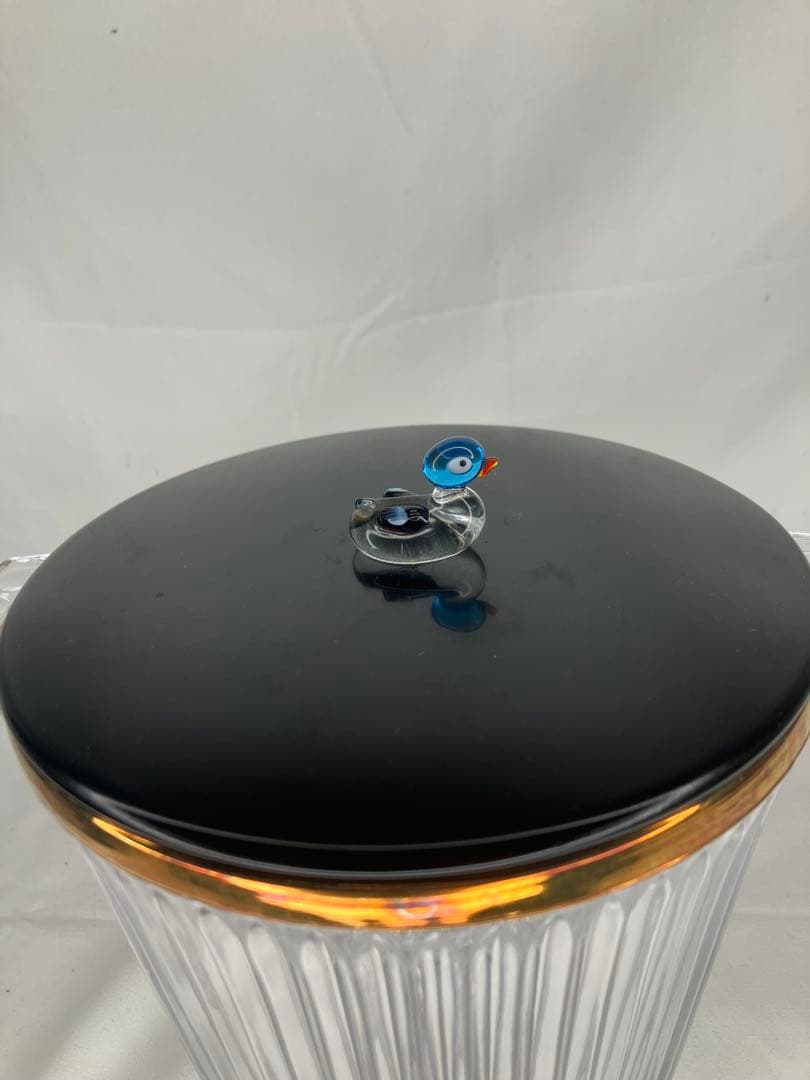 義山水指　ガラス　クリスタル　金縁末広　水鳥撮塗蓋付　水崎長寿　　茶道具