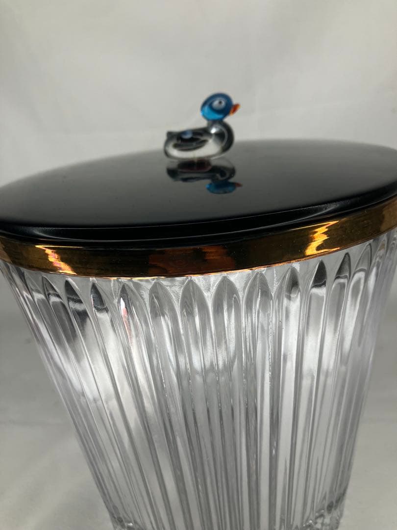 義山水指　ガラス　クリスタル　金縁末広　水鳥撮塗蓋付　水崎長寿　　茶道具